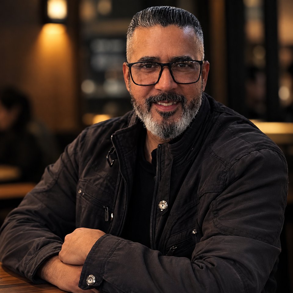 Fabio Oliveira, dono da oficina O Soldador, sorrindo, de óculos e jaqueta escura